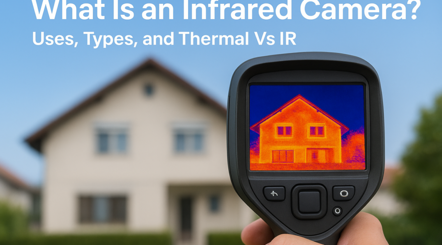Infrared camera thermal image of a house showing heat patterns, with text about uses, types, and thermal vs IR.