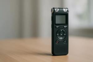 Portable digital voice recorder placed on a wooden surface