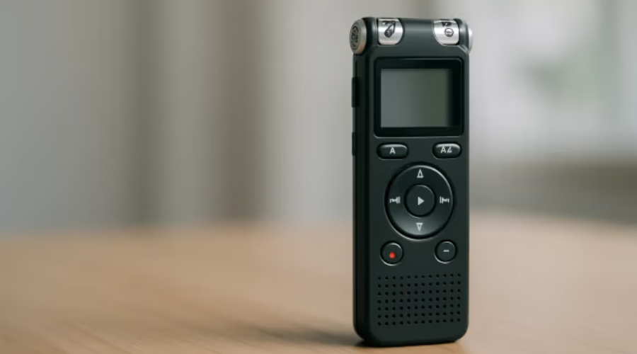 Portable digital voice recorder placed on a wooden surface