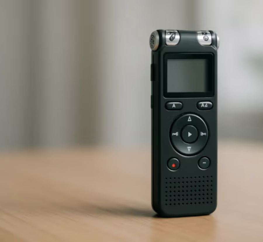 Portable digital voice recorder placed on a wooden surface