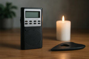 Black portable radio with digital display beside a lit candle on a wooden surface.