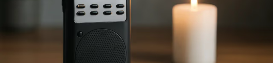 Black portable radio with digital display beside a lit candle on a wooden surface.