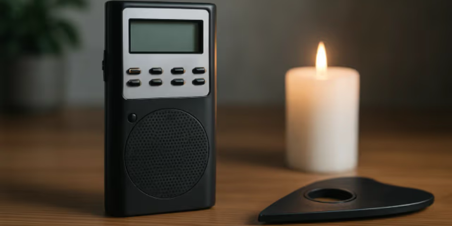 Black portable radio with digital display beside a lit candle on a wooden surface.