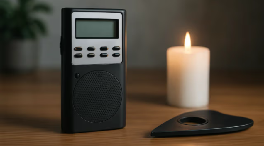 Black portable radio with digital display beside a lit candle on a wooden surface.