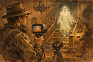 Vintage illustration of paranormal investigators capturing a ghostly apparition in an ornate, dimly lit haunted mansion