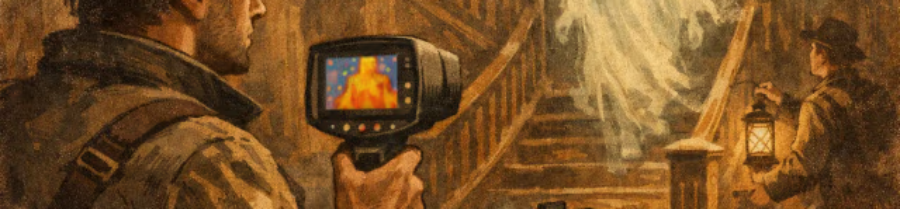 Vintage illustration of paranormal investigators capturing a ghostly apparition in an ornate, dimly lit haunted mansion