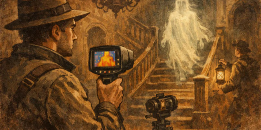 Vintage illustration of paranormal investigators capturing a ghostly apparition in an ornate, dimly lit haunted mansion