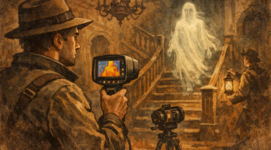 Vintage illustration of paranormal investigators capturing a ghostly apparition in an ornate, dimly lit haunted mansion