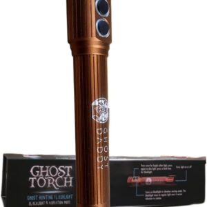 Copper-colored Ghost Torch UV flashlight with dual lenses and packaging box, ideal for ghost hunting and Halloween decor.