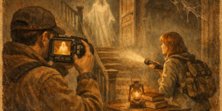 Photographer aiming camera at a faint ghostly apparition in a dimly lit, eerie old house.