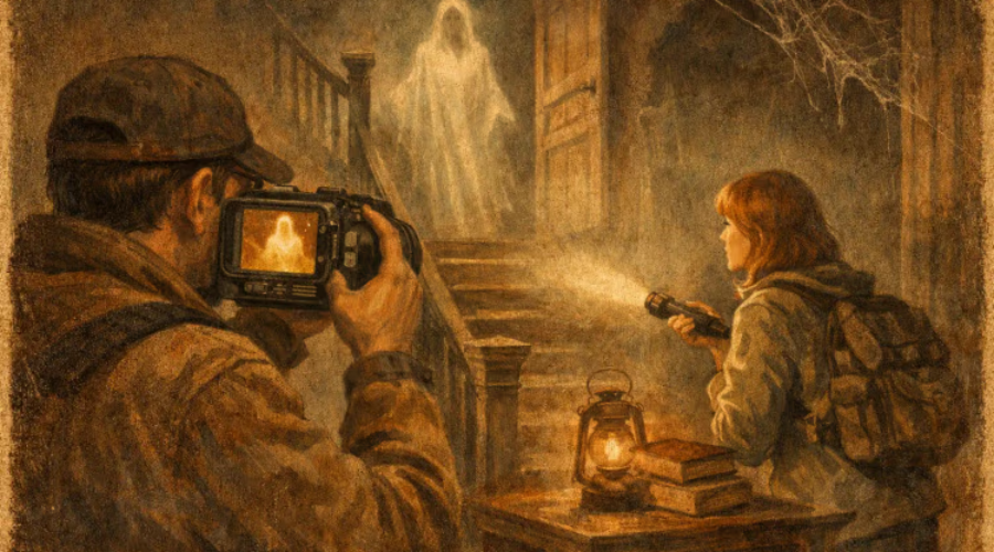 Photographer aiming camera at a faint ghostly apparition in a dimly lit, eerie old house.