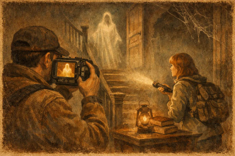 Photographer aiming camera at ghostly apparition Photographer aiming camera at a faint ghostly apparition in a dimly lit, eerie old house.