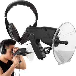 Parabolic microphone with headphones for long-distance bird listening and sound recording.