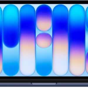 Apple 2026 MacBook Neo 13-inch laptop displaying vibrant blue and purple abstract wallpaper.