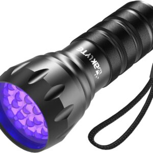 Black UV flashlight emitting purple light, designed for pet urine detection and scorpion spotting.