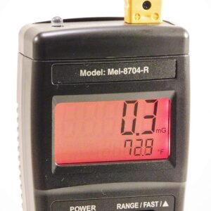 Digital radiation detector Mel 8704R for paranormal ghost hunting, showing readings and features.