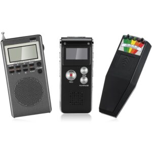 Set of ghost hunting devices: spirit box, digital voice recorder, and EMF meter for paranormal research.