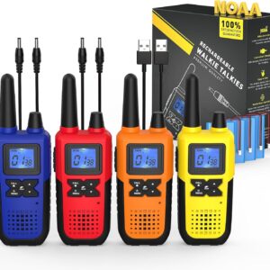 Colorful rechargeable walkie talkies with LCD screens, designed for long-range communication and versatile use.
