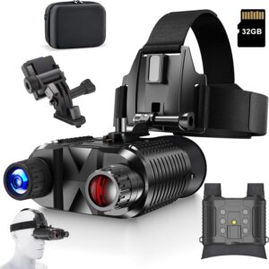 Night vision goggles kit with head mount, memory card, and carrying case for enhanced visibility in low light.