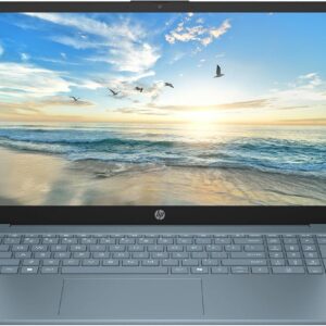 HP 15.6 business laptop in Moonlight Blue with Office 365, 1TB OneDrive, and accessories like wireless mouse and earphones.