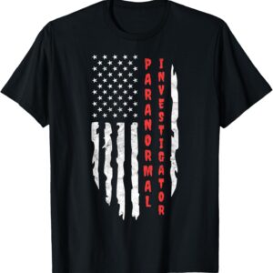 Black t-shirt with distressed American flag and Paranormal Investigator in red text.