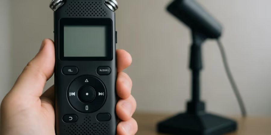 Hand holding a digital voice recorder with a studio microphone blurred in the background.
