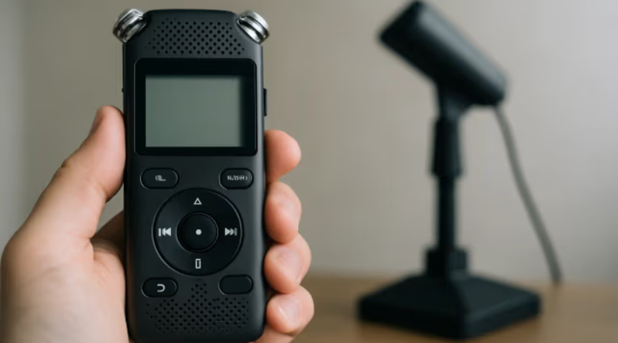 Hand holding a digital voice recorder with a studio microphone blurred in the background.