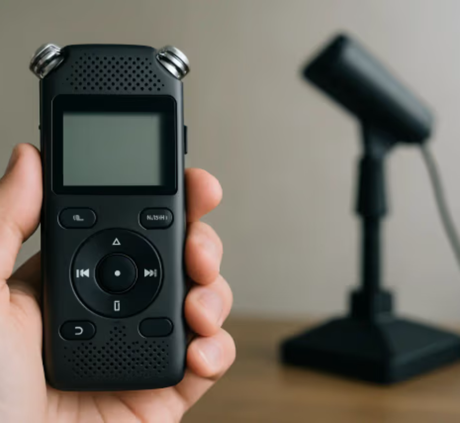 Hand holding a digital voice recorder with a studio microphone blurred in the background.