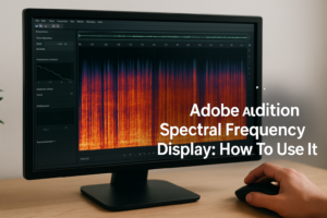 Computer monitor displaying Adobe Audition spectral frequency display tutorial interface with colorful audio waveforms.