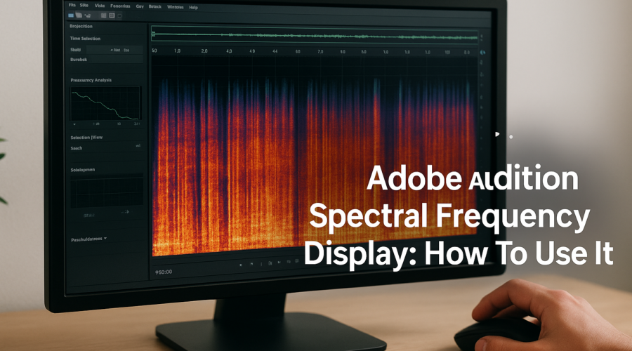 Computer monitor displaying Adobe Audition spectral frequency display tutorial interface with colorful audio waveforms.