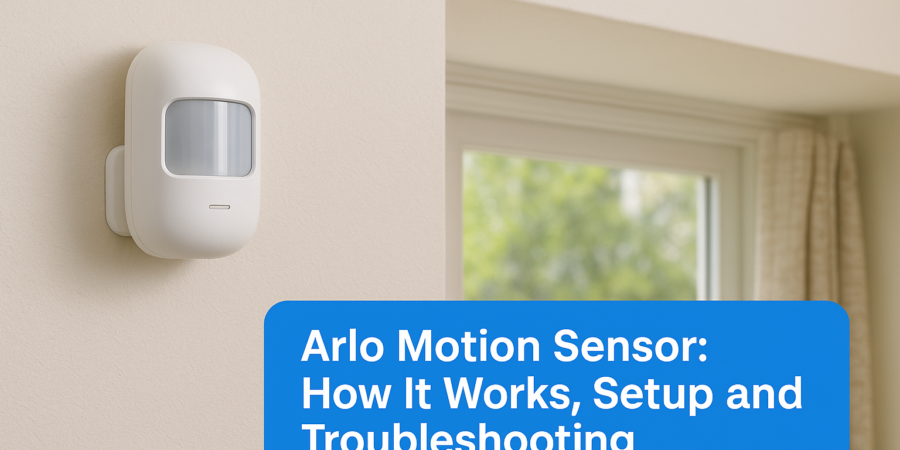 Arlo motion sensor mounted on wall near window with setup and troubleshooting guide displayed.