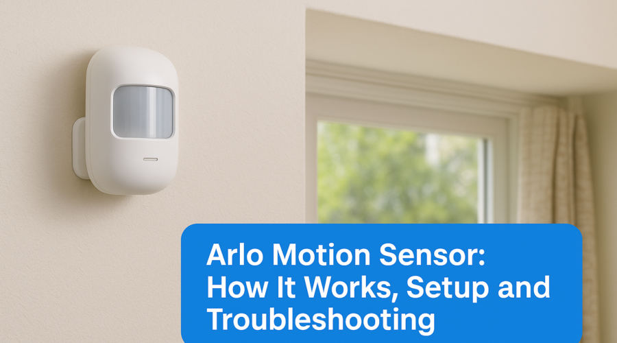 Arlo motion sensor mounted on wall near window with setup and troubleshooting guide displayed.