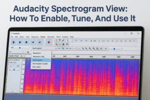 Audacity tutorial showing spectrogram view with settings for enabling and tuning visual audio analysis.