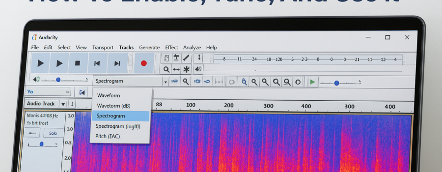 Audacity tutorial showing spectrogram view with settings for enabling and tuning visual audio analysis.
