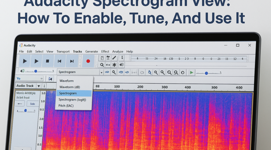 Audacity tutorial showing spectrogram view with settings for enabling and tuning visual audio analysis.
