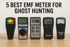 Top 5 EMF meters for ghost hunting displayed on a wooden surface.