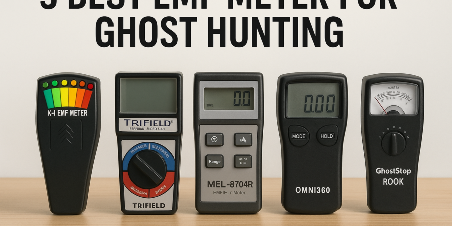 Top 5 EMF meters for ghost hunting displayed on a wooden surface.