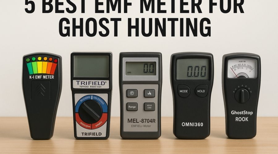 Top 5 EMF meters for ghost hunting displayed on a wooden surface.