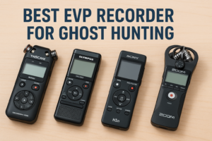 Top EVP recorders for ghost hunting arranged on a wooden surface.