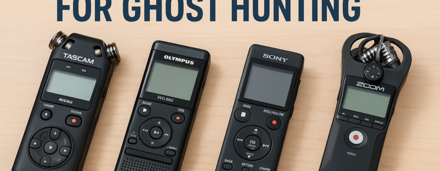 Top EVP recorders for ghost hunting arranged on a wooden surface.