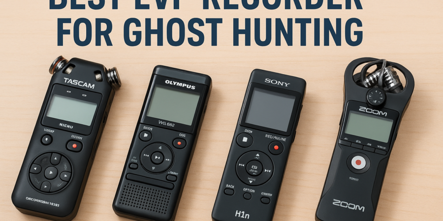 Top EVP recorders for ghost hunting arranged on a wooden surface.