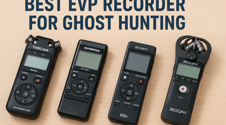 Top EVP recorders for ghost hunting arranged on a wooden surface.