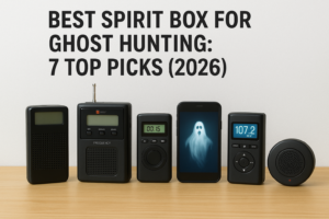 Seven top spirit boxes for ghost hunting in 2026 arranged on a wooden surface.