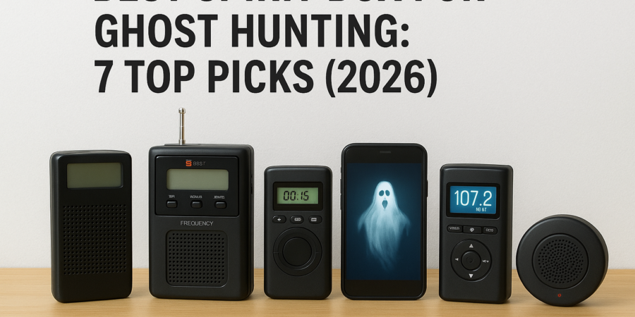 Seven top spirit boxes for ghost hunting in 2026 arranged on a wooden surface.