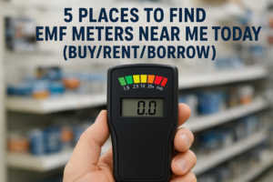 Hand holding an EMF meter with text on finding EMF meters to buy, rent, or borrow nearby.