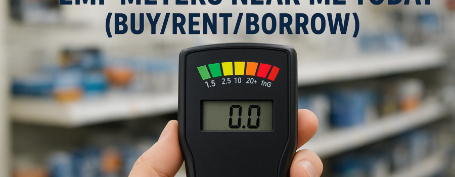 Hand holding an EMF meter with text on finding EMF meters to buy, rent, or borrow nearby.
