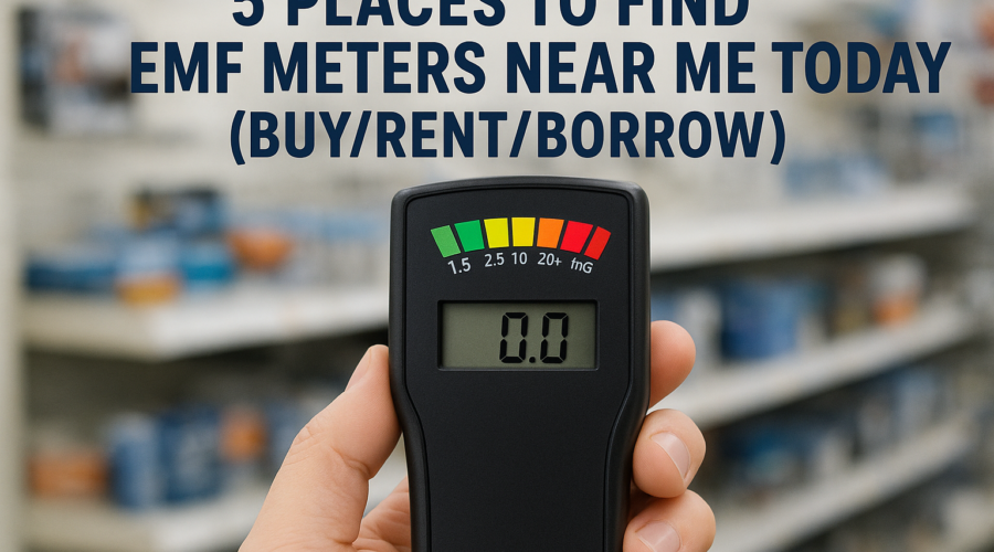 Hand holding an EMF meter with text on finding EMF meters to buy, rent, or borrow nearby.