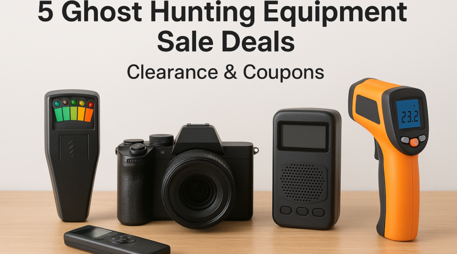 Various ghost hunting equipment on sale, including an EMF meter, camera, and voice recorder.