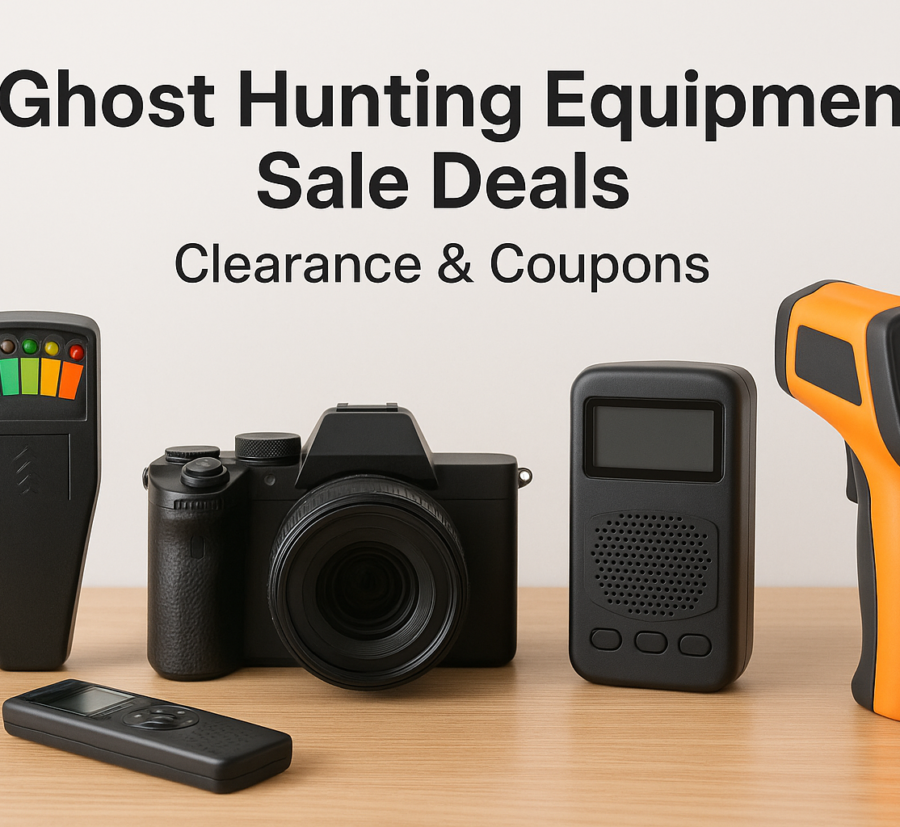 Various ghost hunting equipment on sale, including an EMF meter, camera, and voice recorder.
