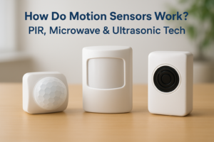 Three types of motion sensors—PIR, microwave, and ultrasonic—arranged on a wooden surface.